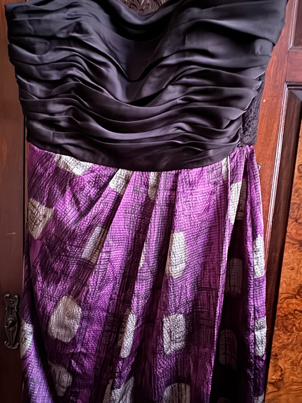 Max & Cleo Black Satin Bodice with Purple Printed Skirt Strapless Dress
